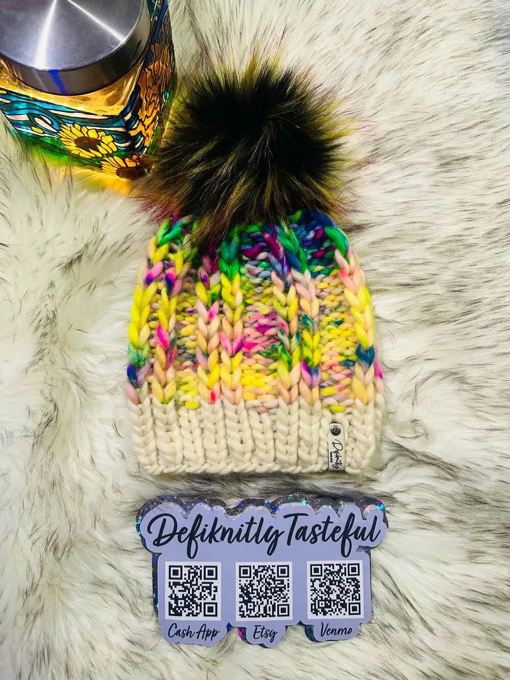 Handmade Neon Merino Wool Beanie: Colorful Winter Hat with Faux Fur Pom